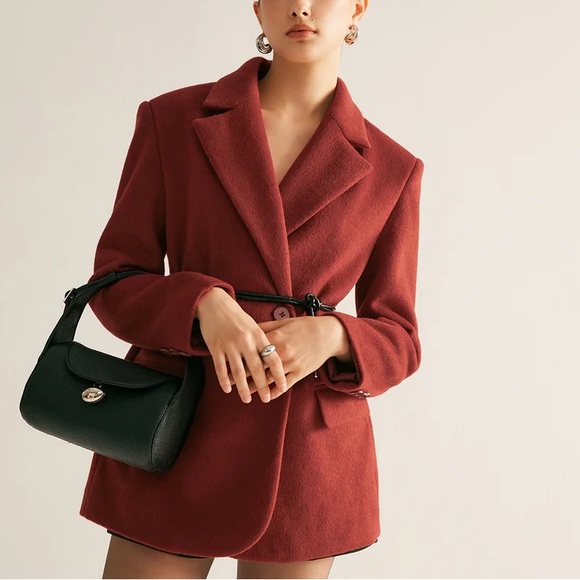 Red wool blend oversized drawstring tie belt blazer jacket - Picture 8 of 9